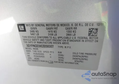 2012 Cadillac Srx Premium Collection из США, поврежденный, VIN 3GYFNCE3XCS556307